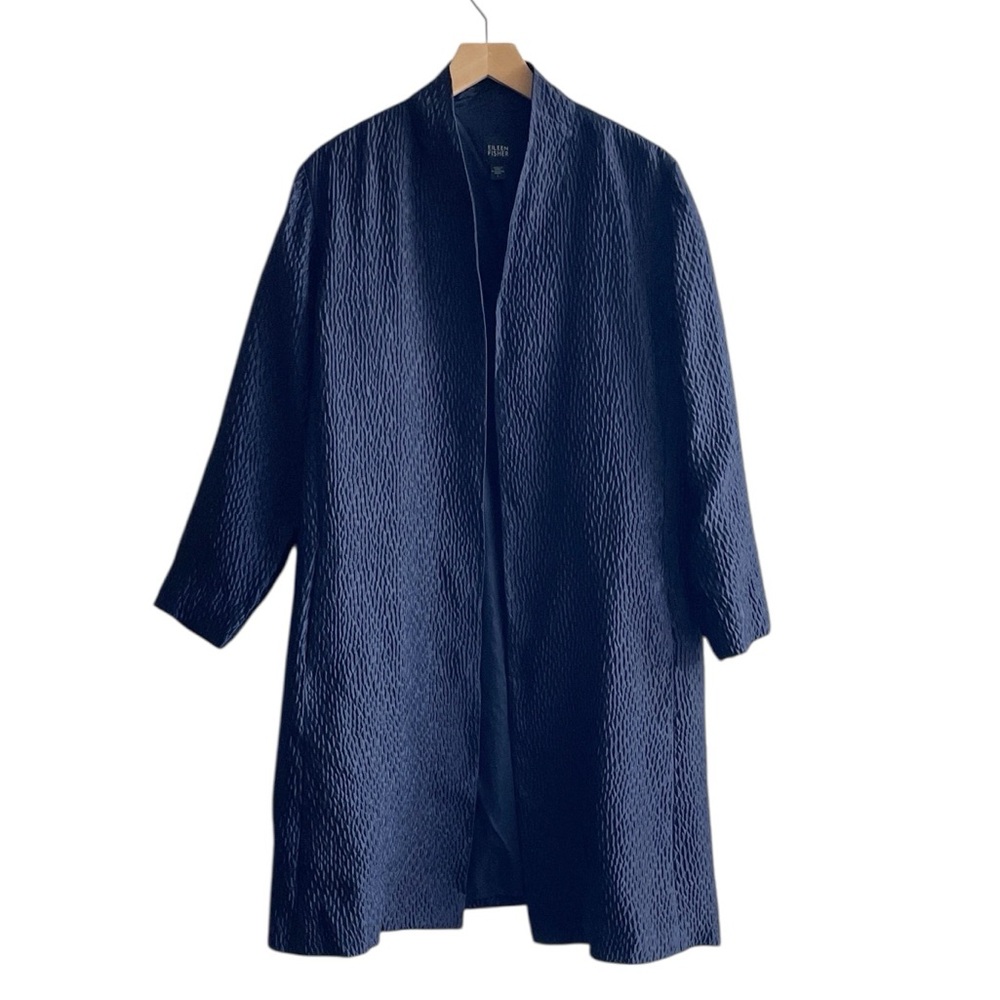 Eileen Fisher silk long black duster coat with pockets size L large